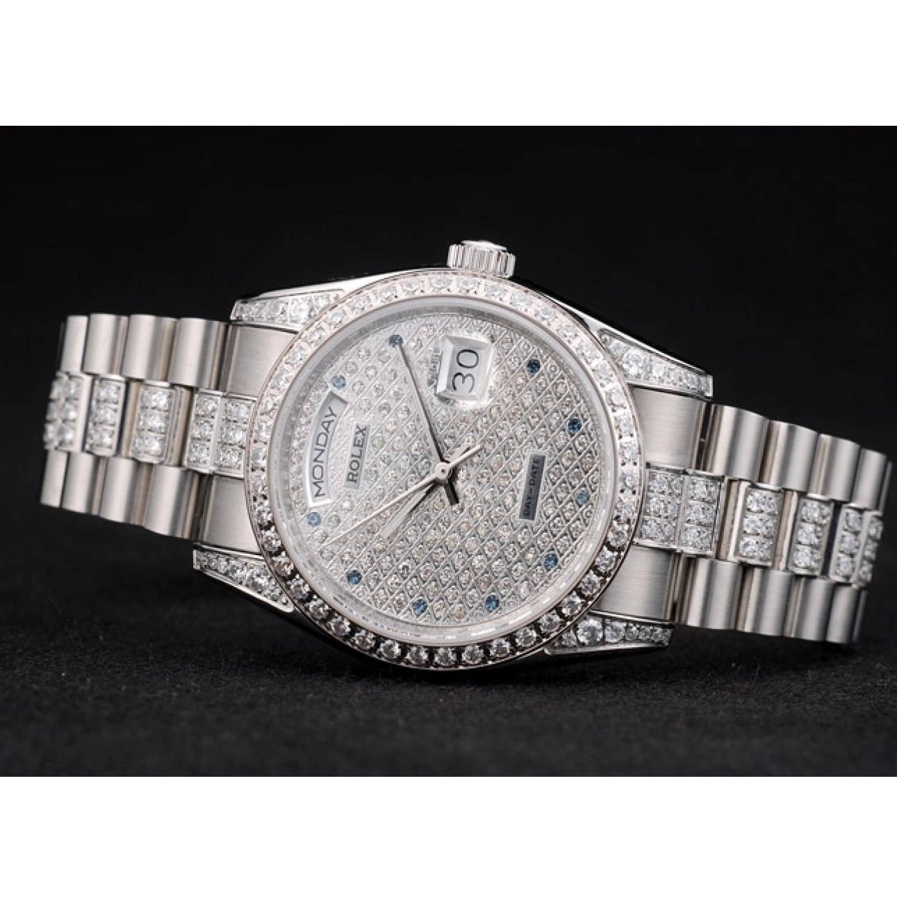 Aaa fake watches Diamond Stainless DayDate Diamond Dial Plated Rolex Plated Bracelet 41986 Steel 0524